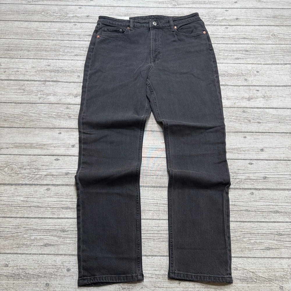 NEW H&M Jeans Womens 12 Black Faded Denim Slim Fit Straight Leg Ultra High Waist